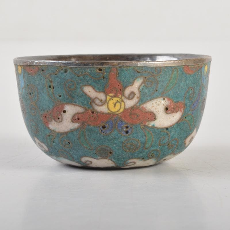 中国　唐物　古七宝内銀張　花文　盃　時代箱付　V　6485