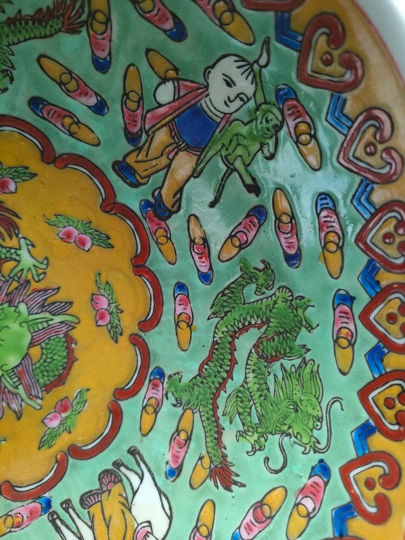 ●中国アンティーク 内側緑　小物入れ 彩色 磁器 骨董 骨董品 置物