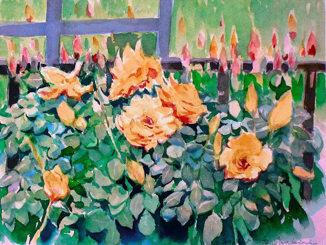 バラ園にて(水彩画 額縁付き)