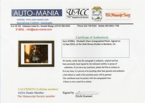 エリザベス・オルセン直筆サイン入り写真■アベンジャーズ