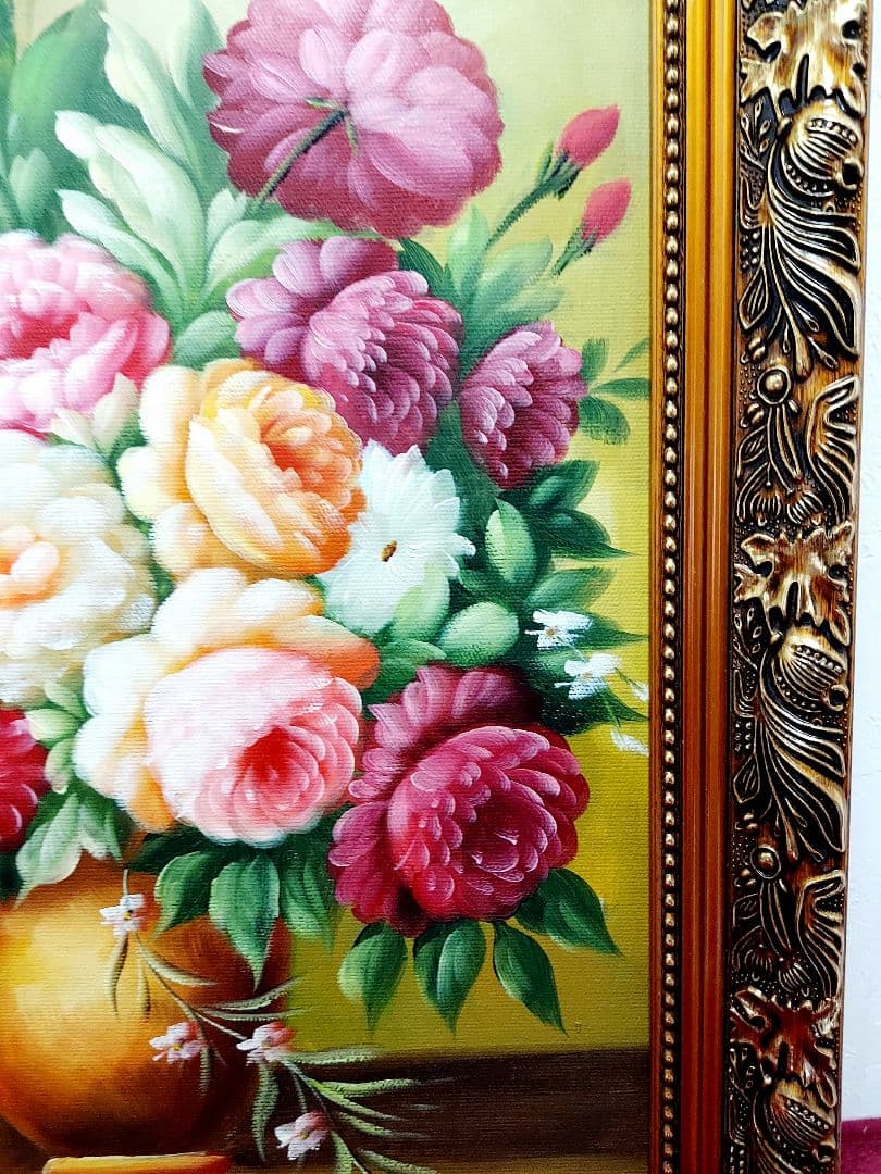 油絵　美品　高級額付　洋風　手書き　花3