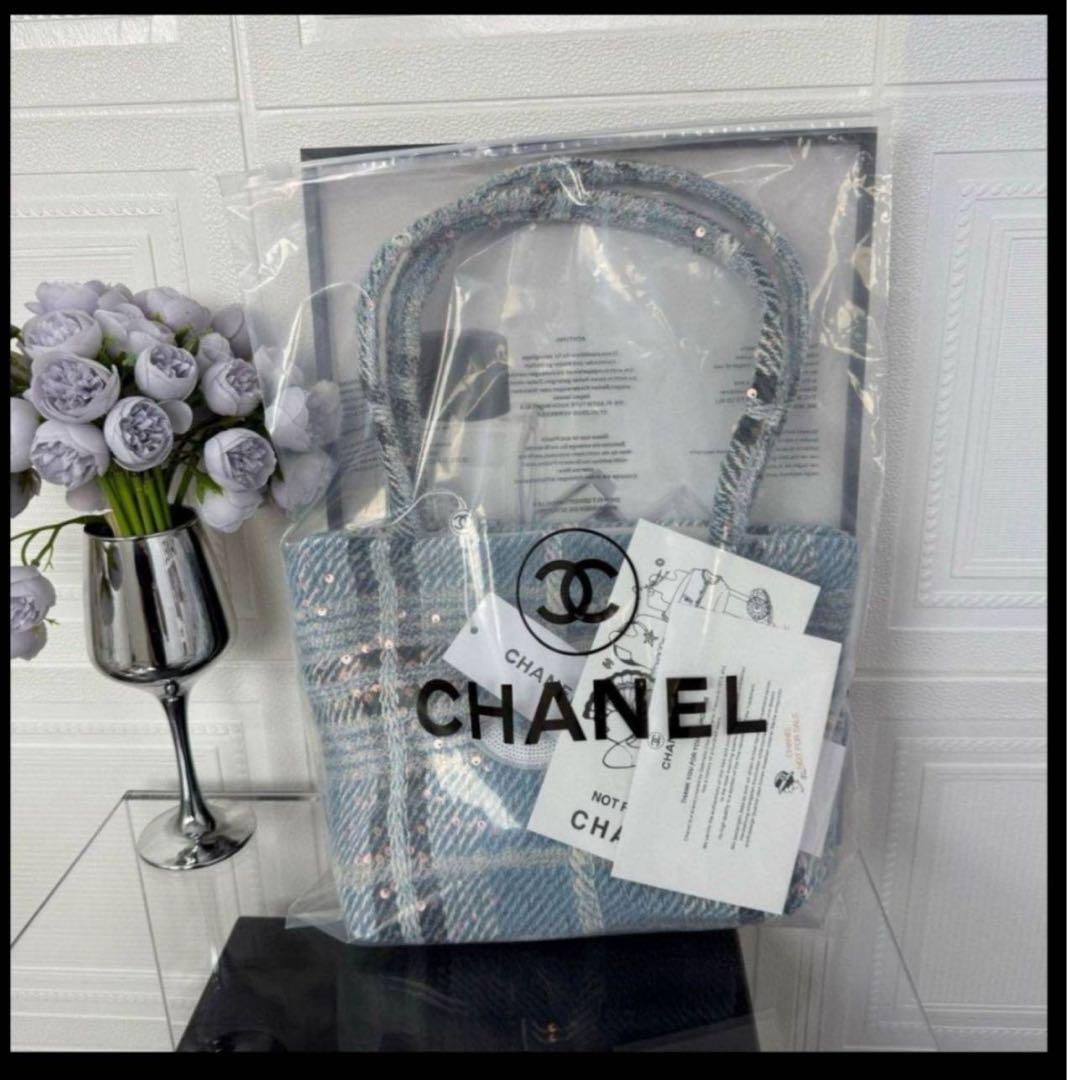 CHANEL ツイード トートバッグ スパンコール 水色 ブルー