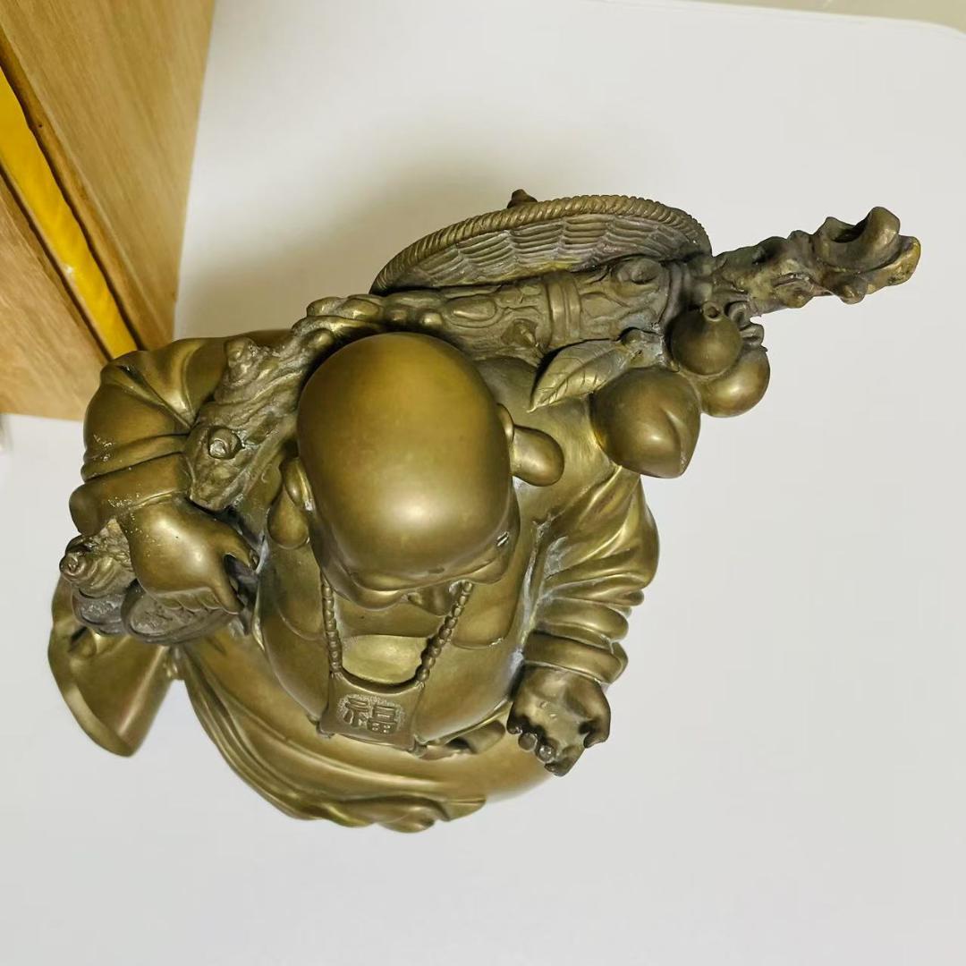 金属工芸品 招財布袋様 黄銅製 置物 布袋立象 古美術 仏教美術 彫刻 桐箱入