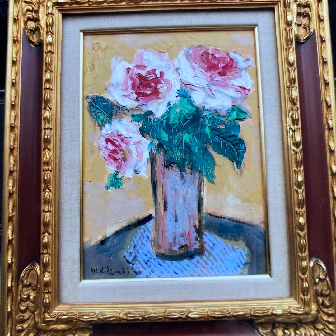 画家菊地正則「三輪のバラ」(ピエールロンサン)絵画　油彩画　額付き　F4 美品