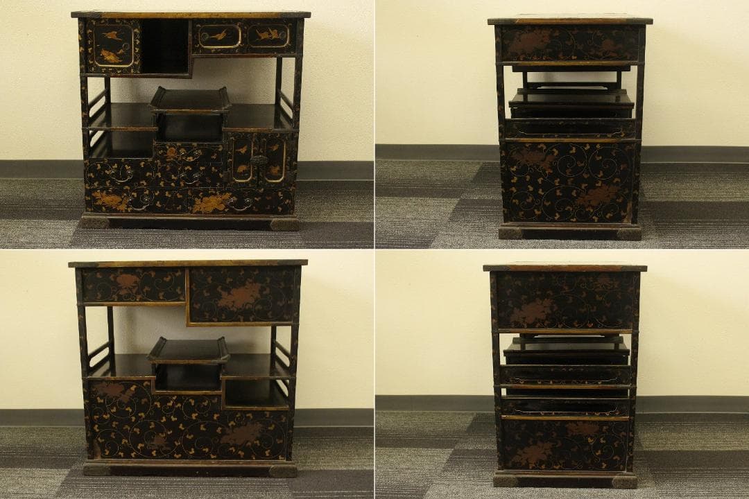 小夜 古美術 纏枝蓮花紋 吉祥蒔絵 棚 時代物 大名道具(AZ999)