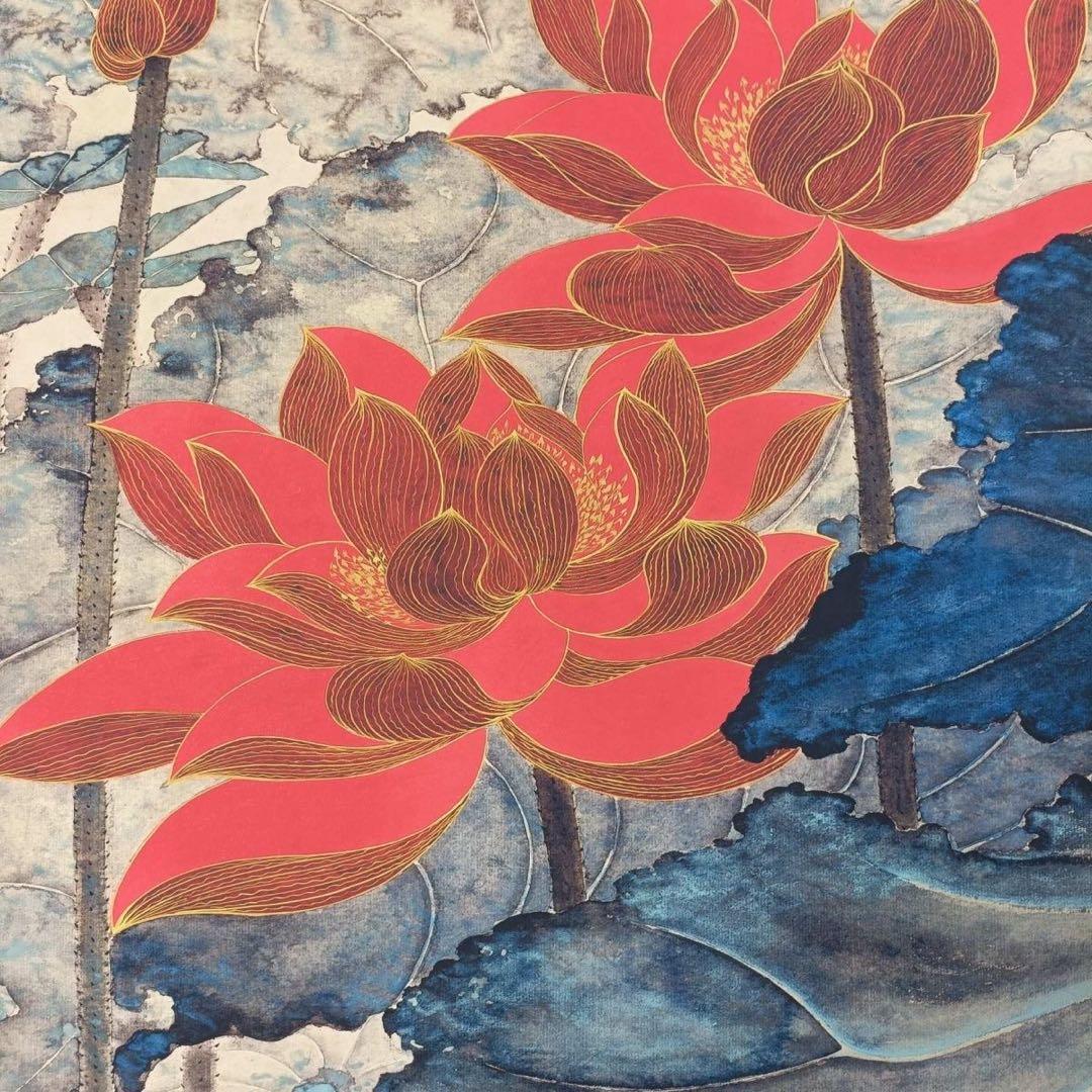 張大千 花卉画 掛け軸 中堂 金銭蓮 中国画 表装済 サイズ：70×173cm