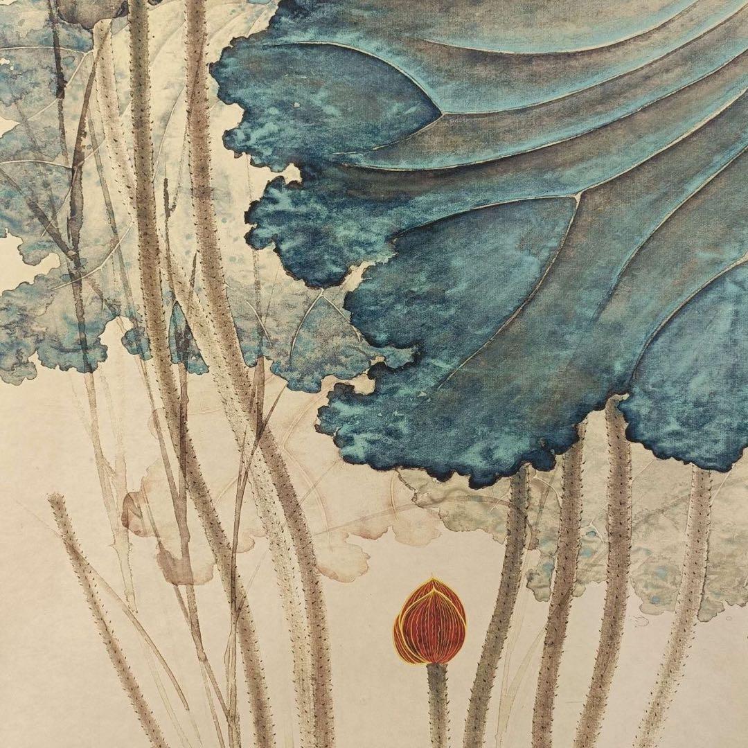張大千 花卉画 掛け軸 中堂 金銭蓮 中国画 表装済 サイズ：70×173cm
