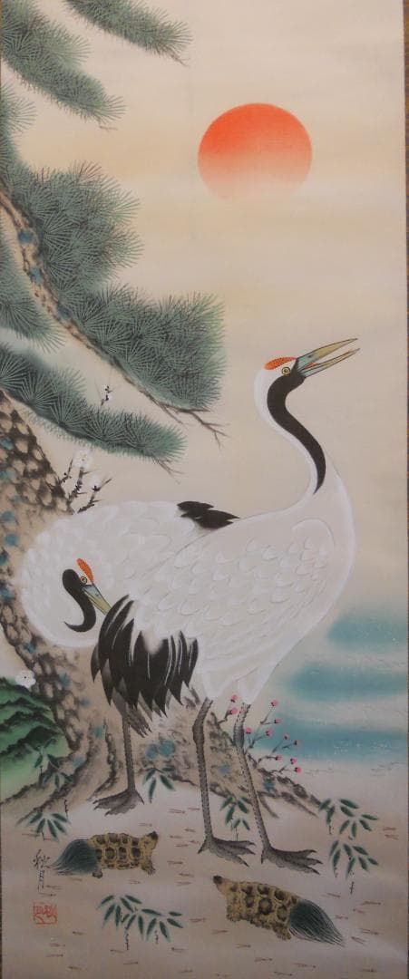 掛け軸 秋月 松竹梅鶴亀 絹本 希少 軸装 茶道具 掛軸 美品 です。