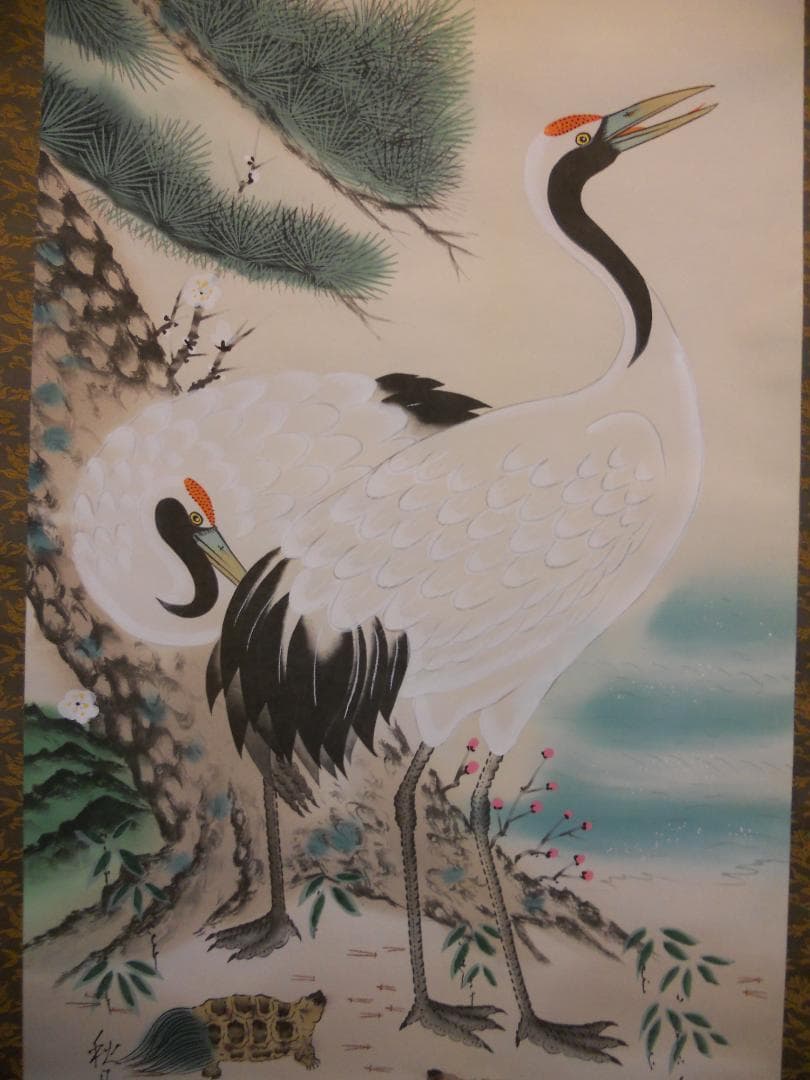 掛け軸 秋月 松竹梅鶴亀 絹本 希少 軸装 茶道具 掛軸 美品 です。