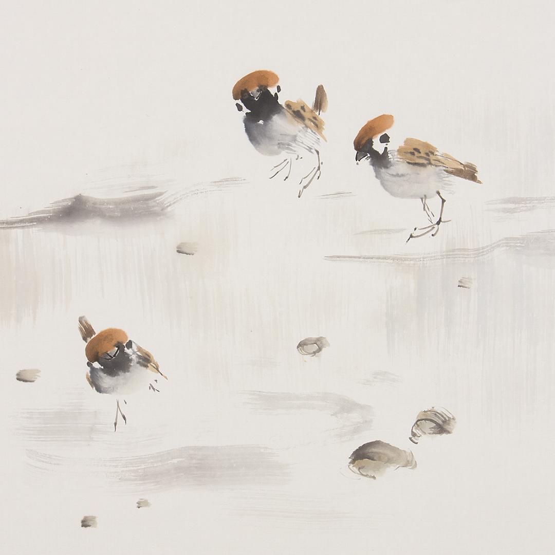 掛軸 日本画 小林五浪「雀」共箱 太巻仕立 福島県生 院展で活躍した水墨画の名手