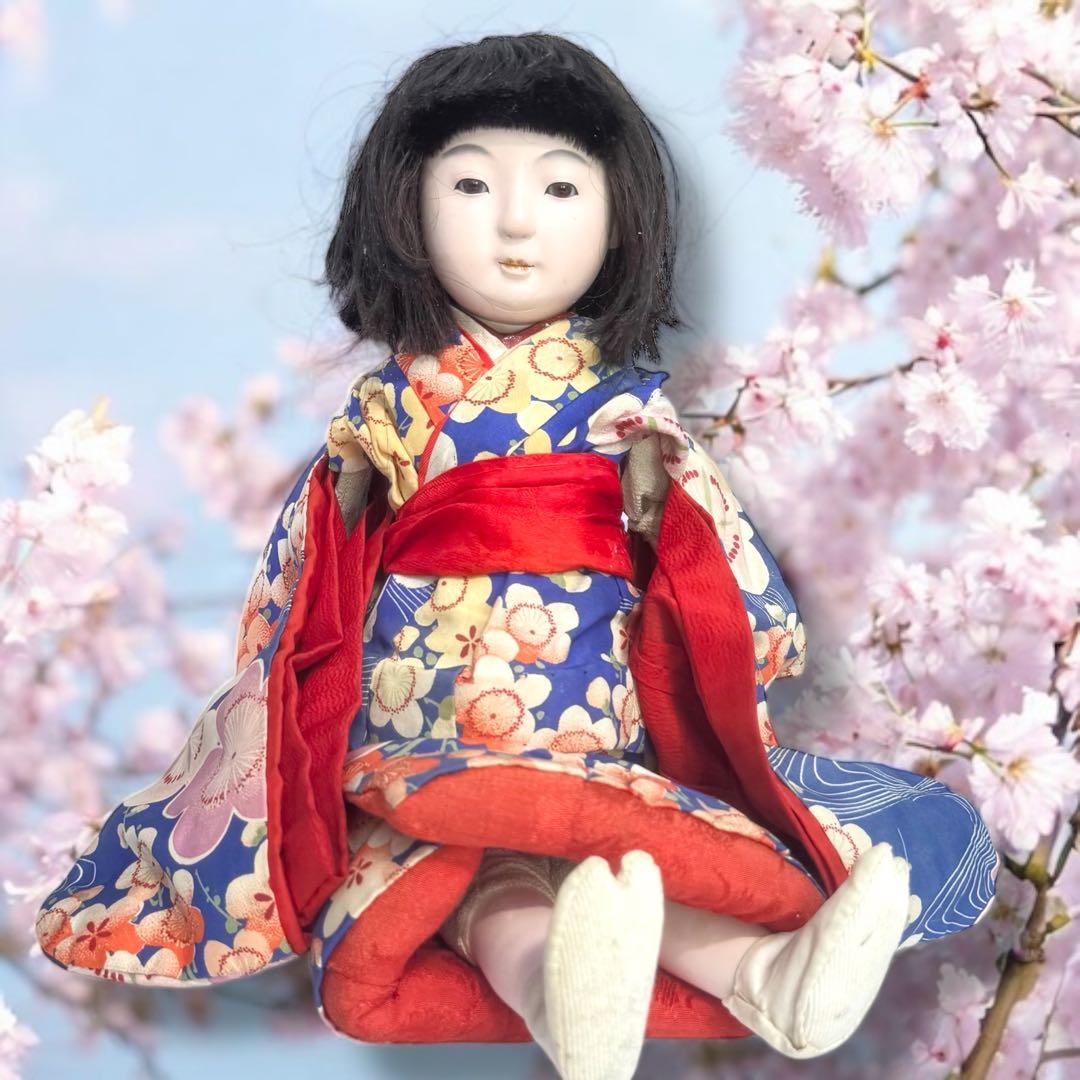 市松人形 明治期 1868年〜 三つ折れ ふいご 山桜 青縮緬着物 花柄 着物