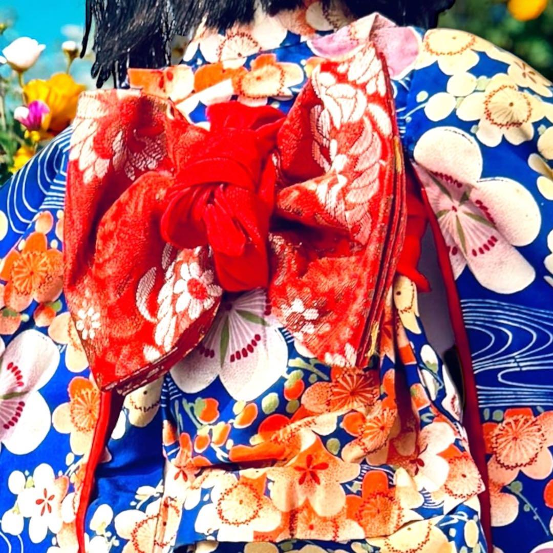 市松人形 明治期 1868年〜 三つ折れ ふいご 山桜 青縮緬着物 花柄 着物