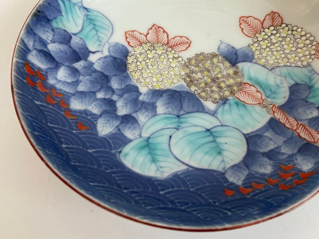 骨董　アンティーク　色絵紫陽花図　五寸皿　色鍋島　平戸　古平戸　ニュウあり