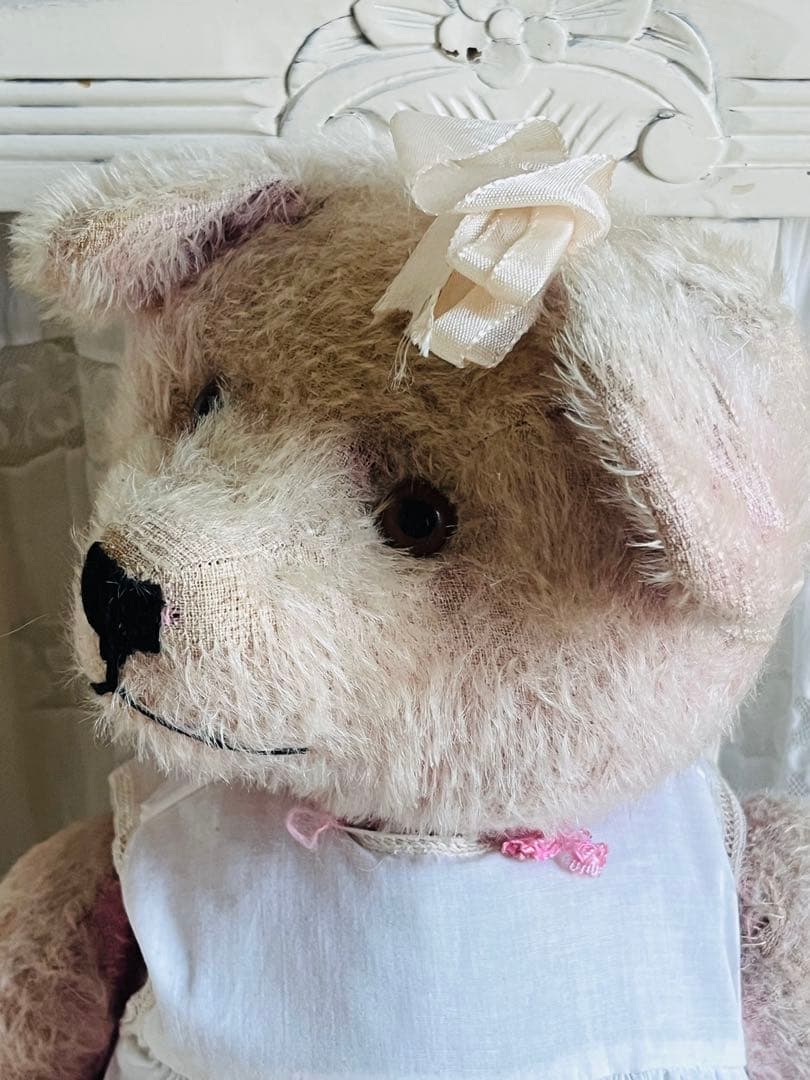 ドイツアンティークビンテージピンクテディベア ぬいぐるみベアビスクドールドレス