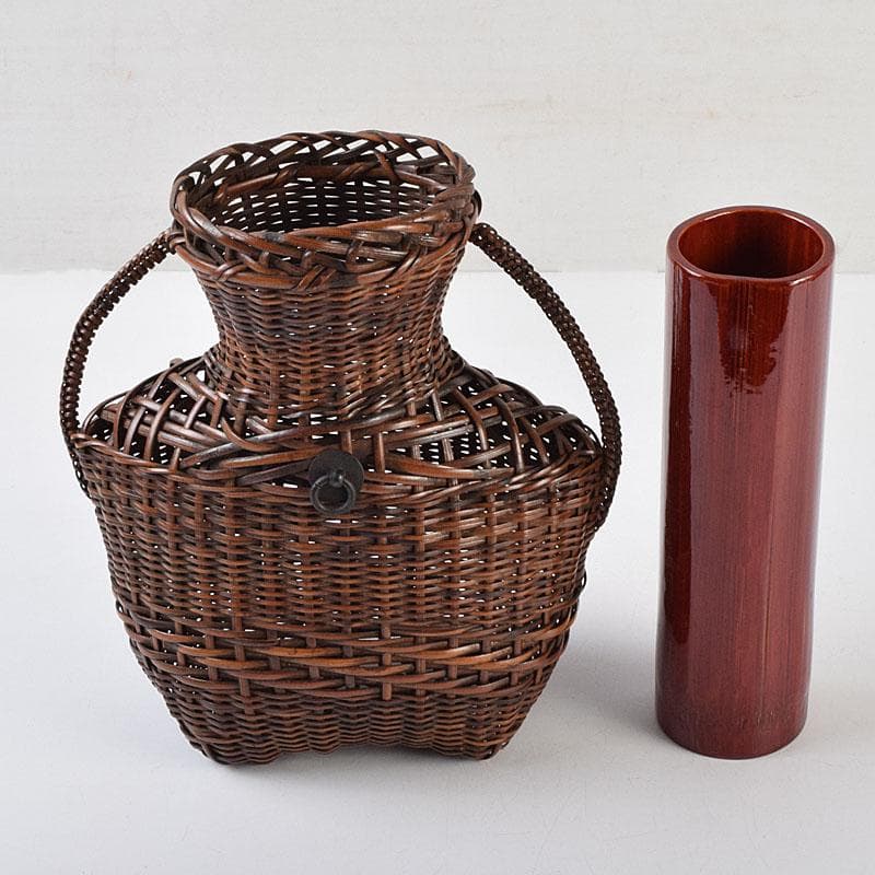 茶道具　吉田ふみ与作　耳付掛花籠　籠花生　時代箱付　V　R9539