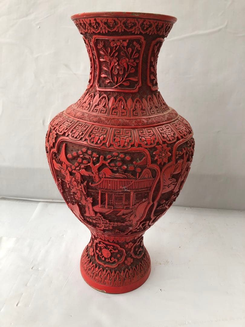 中国美術 人物彫文堆朱花瓶 高48cm 銅製 細密細工 花文 骨董(I95)