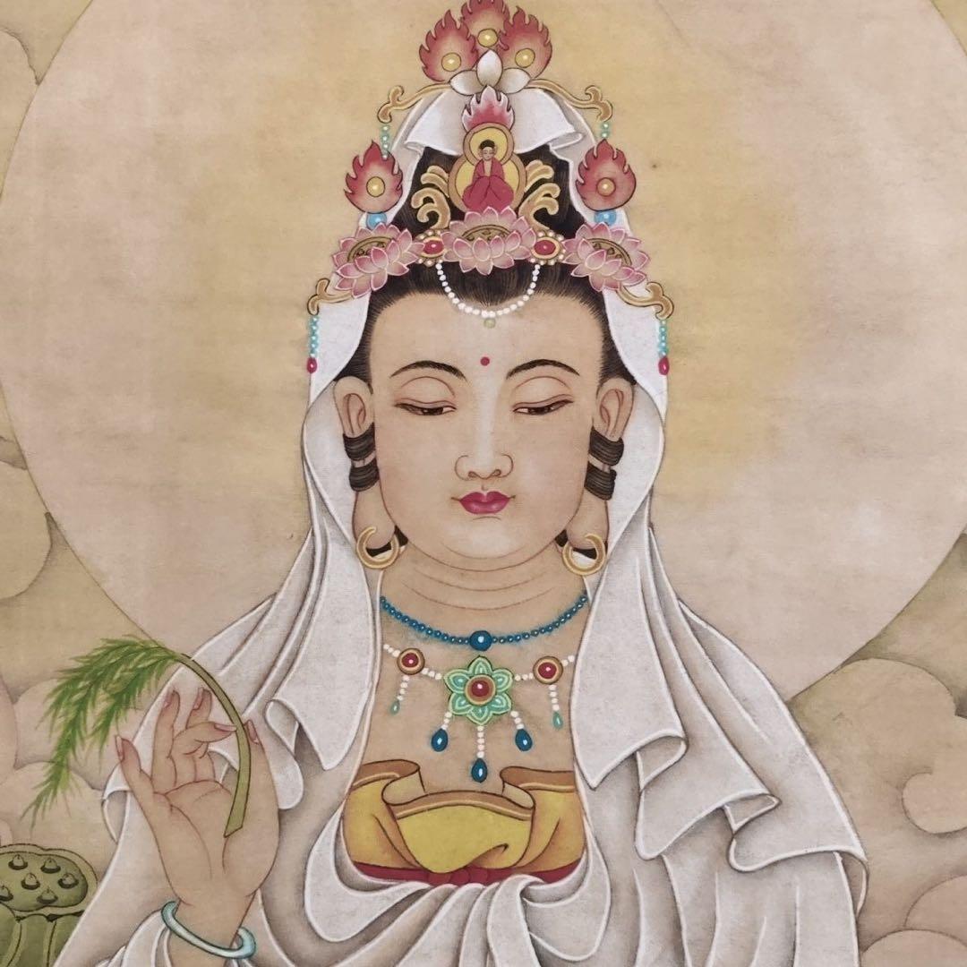 掛け軸 四尺中堂 仇英 観音菩薩 観音像 中国仏画 仏教美術 絹本 証書付