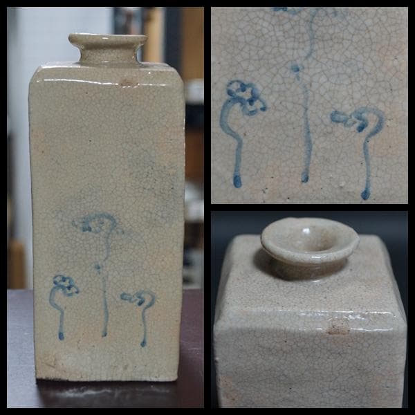 朝鮮古美術 李朝染付角瓶 染付蘭文角瓶 貫入 方花瓶 花器 飾壷 高17cm★