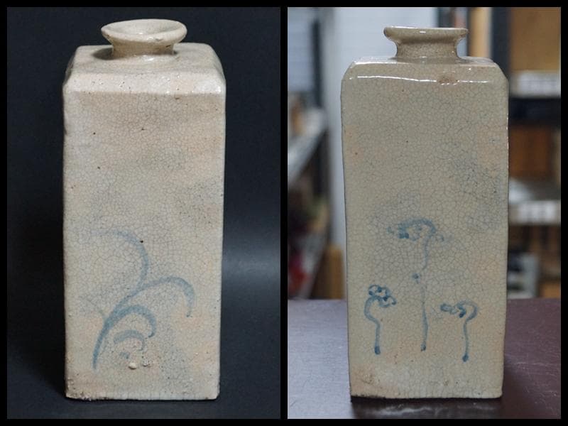 朝鮮古美術 李朝染付角瓶 染付蘭文角瓶 貫入 方花瓶 花器 飾壷 高17cm★