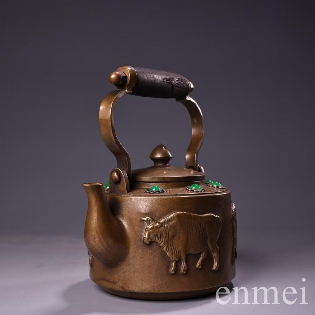 中国古美術・古純銅五牛急須・宝石急須・高浮彫り・純手作り・急須・茶壺・煎茶道具