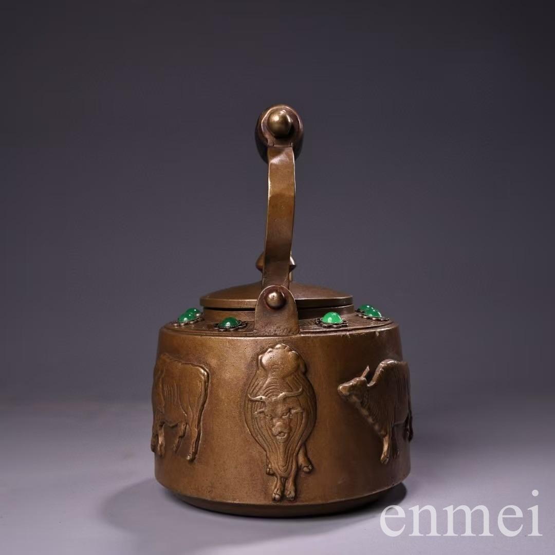 中国古美術・古純銅五牛急須・宝石急須・高浮彫り・純手作り・急須・茶壺・煎茶道具
