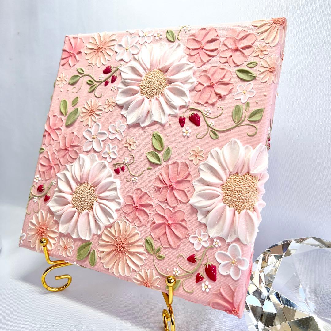 テクスチャーアート　絵画　インテリアアート　立体　花　絵　いちご　北欧　イチゴ