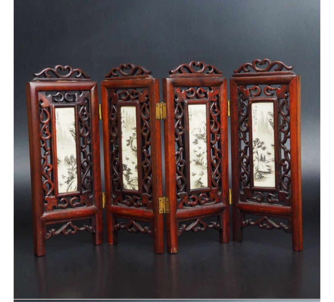 送料無料　時代物　唐木骨彫山水四曲屏風　高22　幅36ｃｍ　中国美術古玩