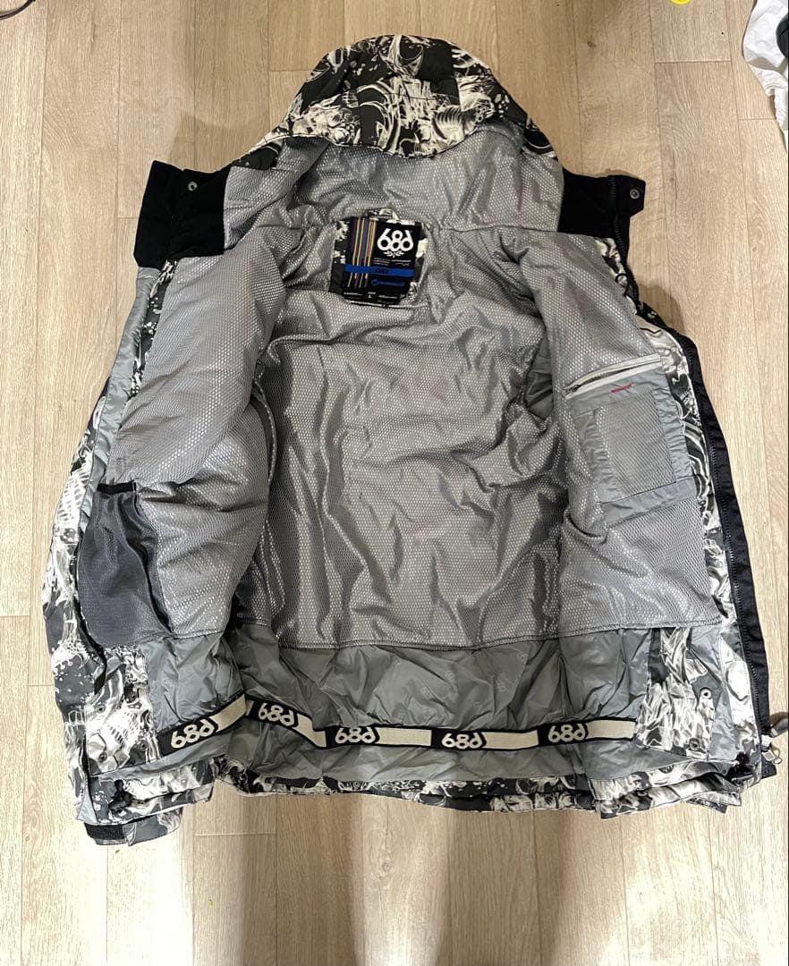 【人気】686スノボウェア上下セット [L]スカル髑髏総柄パンツ青