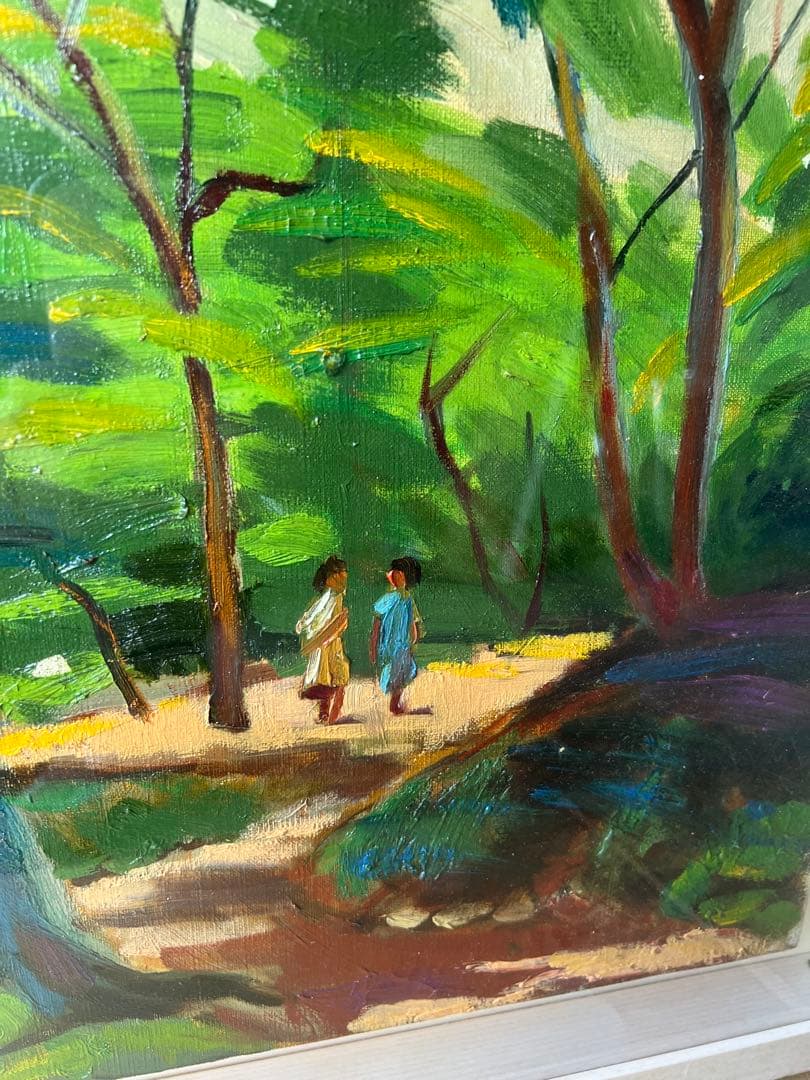 風景油彩画 子供たちが歩く