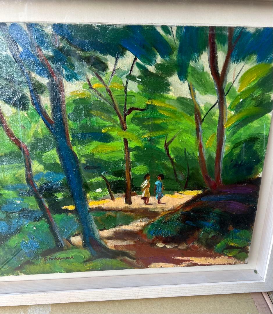 風景油彩画 子供たちが歩く