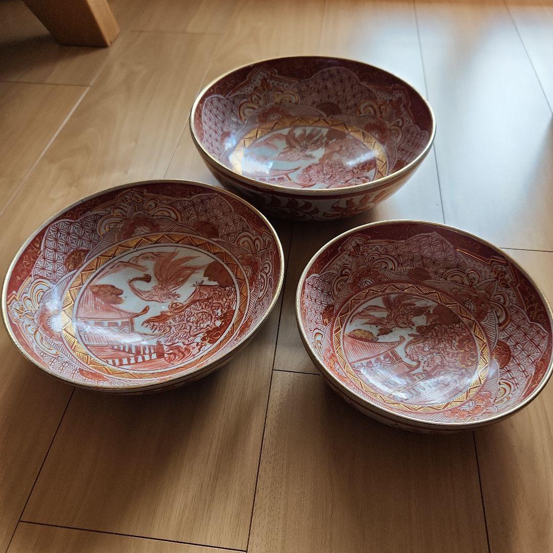 九谷金彩赤絵鳳凰楼閣文様三重鉢