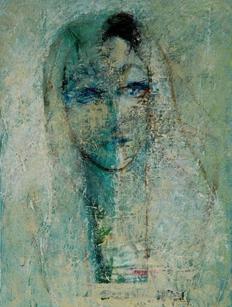 油絵 菅家令子 絵 絵画インテリア額付(青緑＋金色の枠)F4-070112 女性