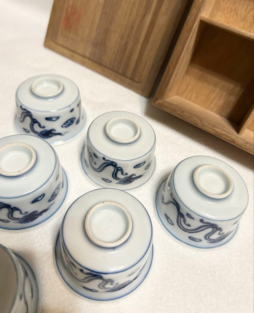 戸田秋嶺 青華 雲龍文 煎茶碗 六客朝霧焼 煎茶道具 茶器 共箱