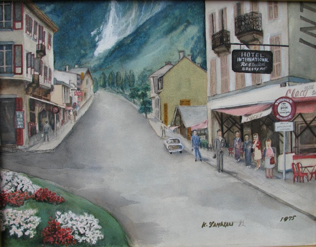山崎数男「モンブランへアルプスの街」約6号水彩,郷愁のアルプス臨場感