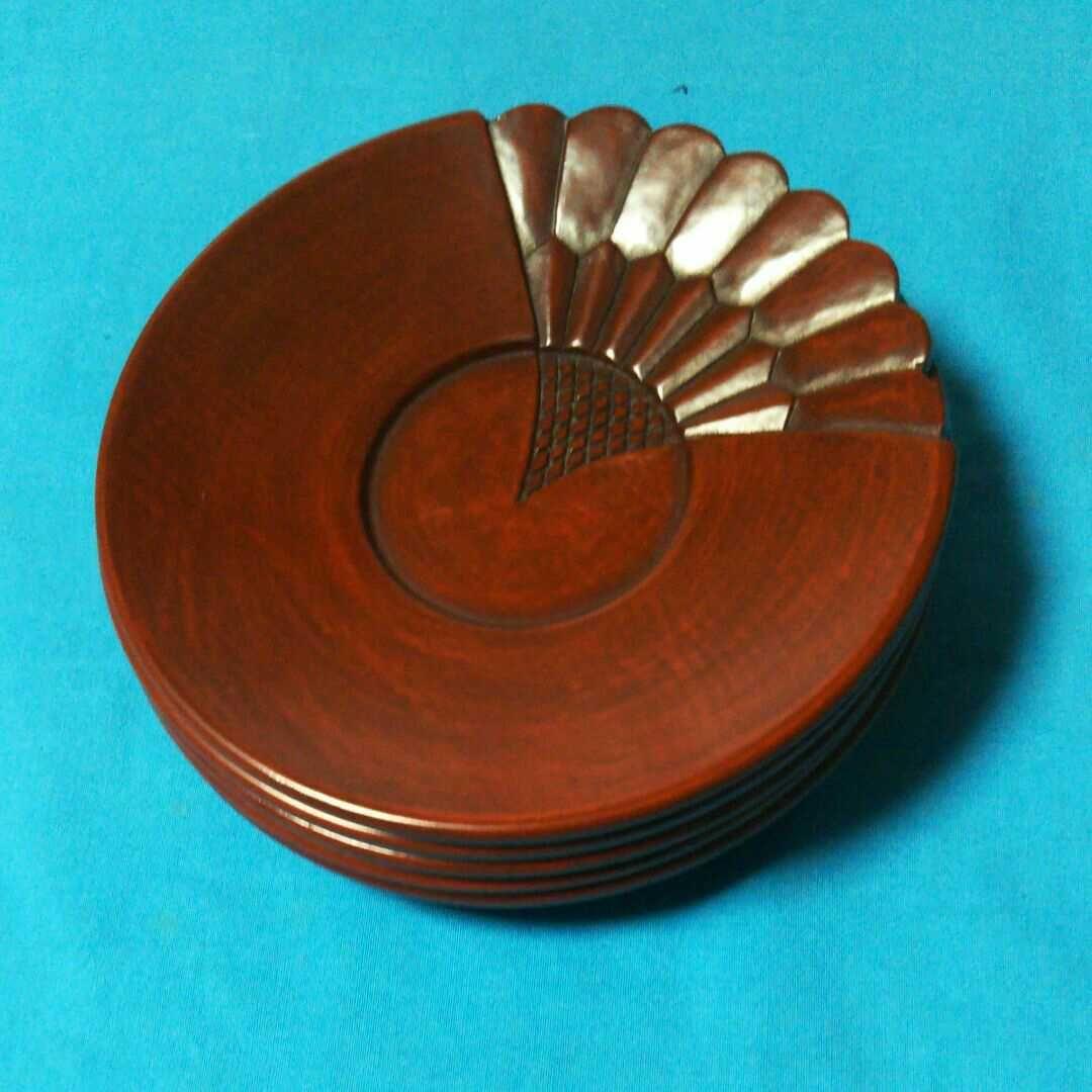 レア物、漆塗り鎌倉彫のモダン茶托５客