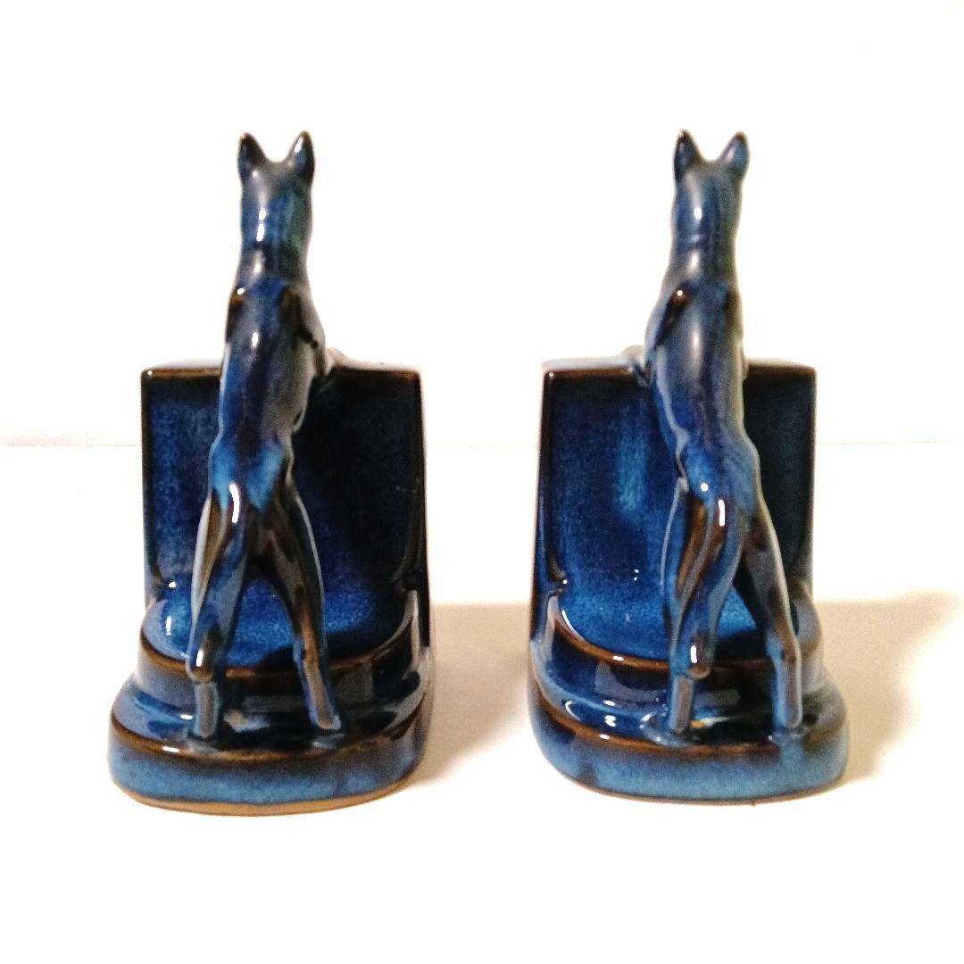 ドッグ ブックエンド オブジェ 陶磁器 青色 藍色 レトロ ヴィンテージ 犬