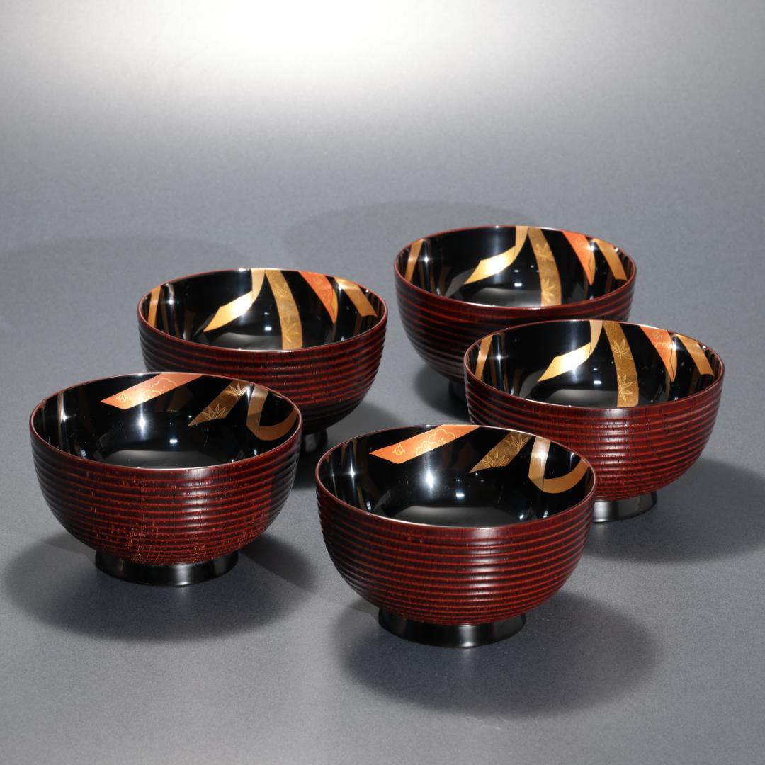 輪島塗 煮物椀 五客 のし蒔絵 共箱　漆塗 蓋付椀 口径14cm R1587ラ1