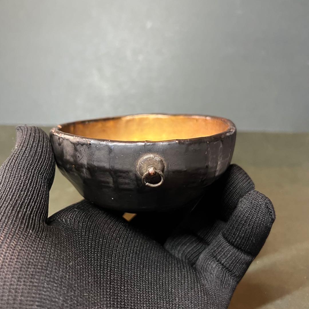 江戸期 木製 金蒔絵 笹丸紋 道中盃◎提げ環付 刳貫き 時代漆器◎古美術庵々