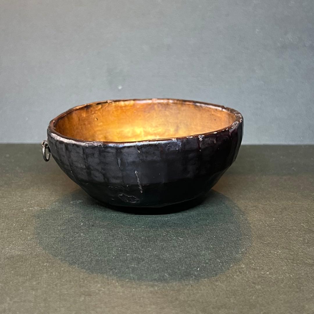 江戸期 木製 金蒔絵 笹丸紋 道中盃◎提げ環付 刳貫き 時代漆器◎古美術庵々