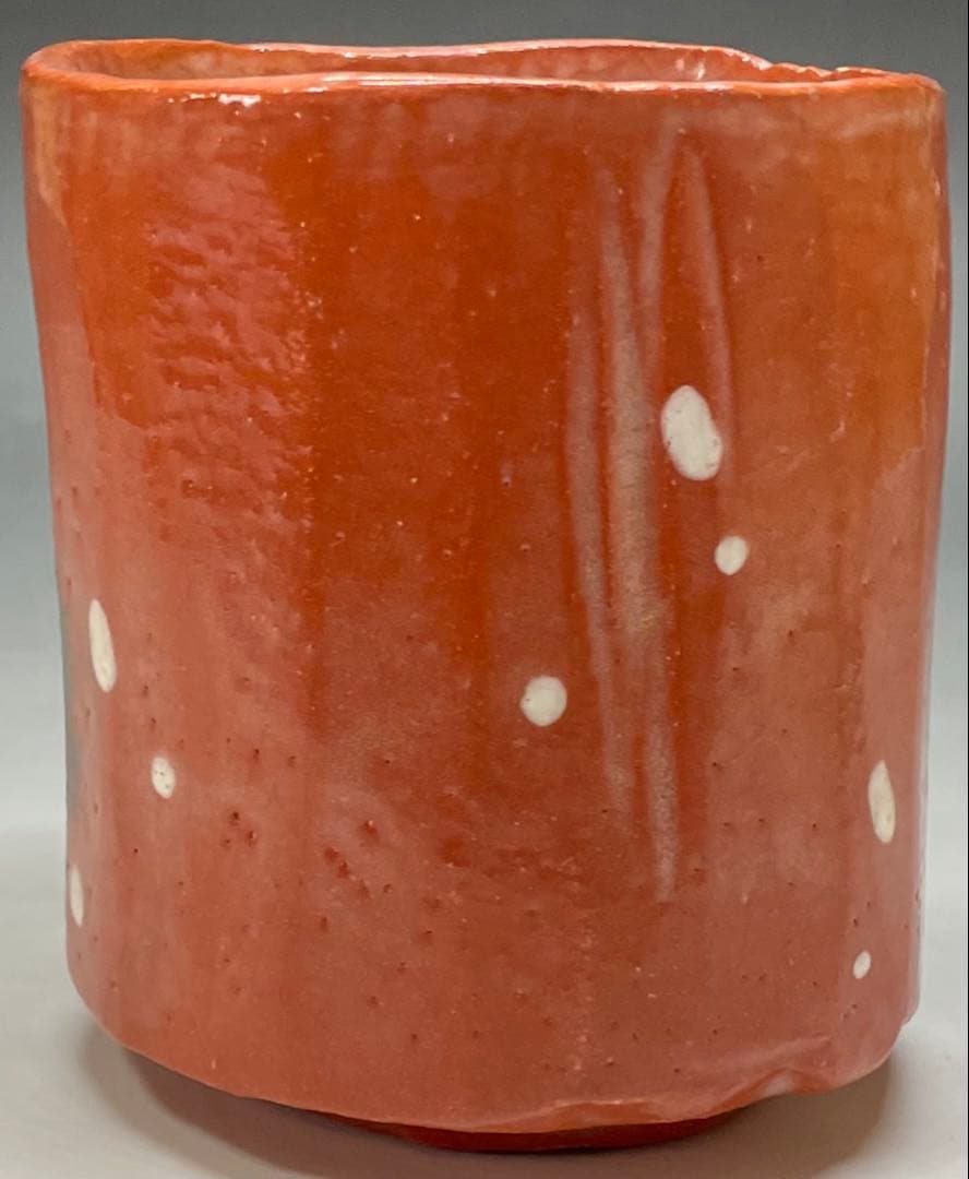 裏千家14世淡々斎宗室御書付　光悦雪片写　赤筒茶碗　四方桟共箱　仕覆　e561a