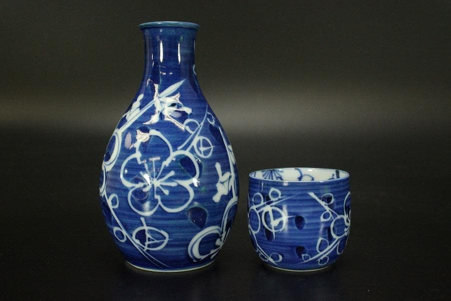 酒器 白梅画 徳利 穂山 盃 嘉々瑞 木箱付(メ1494)