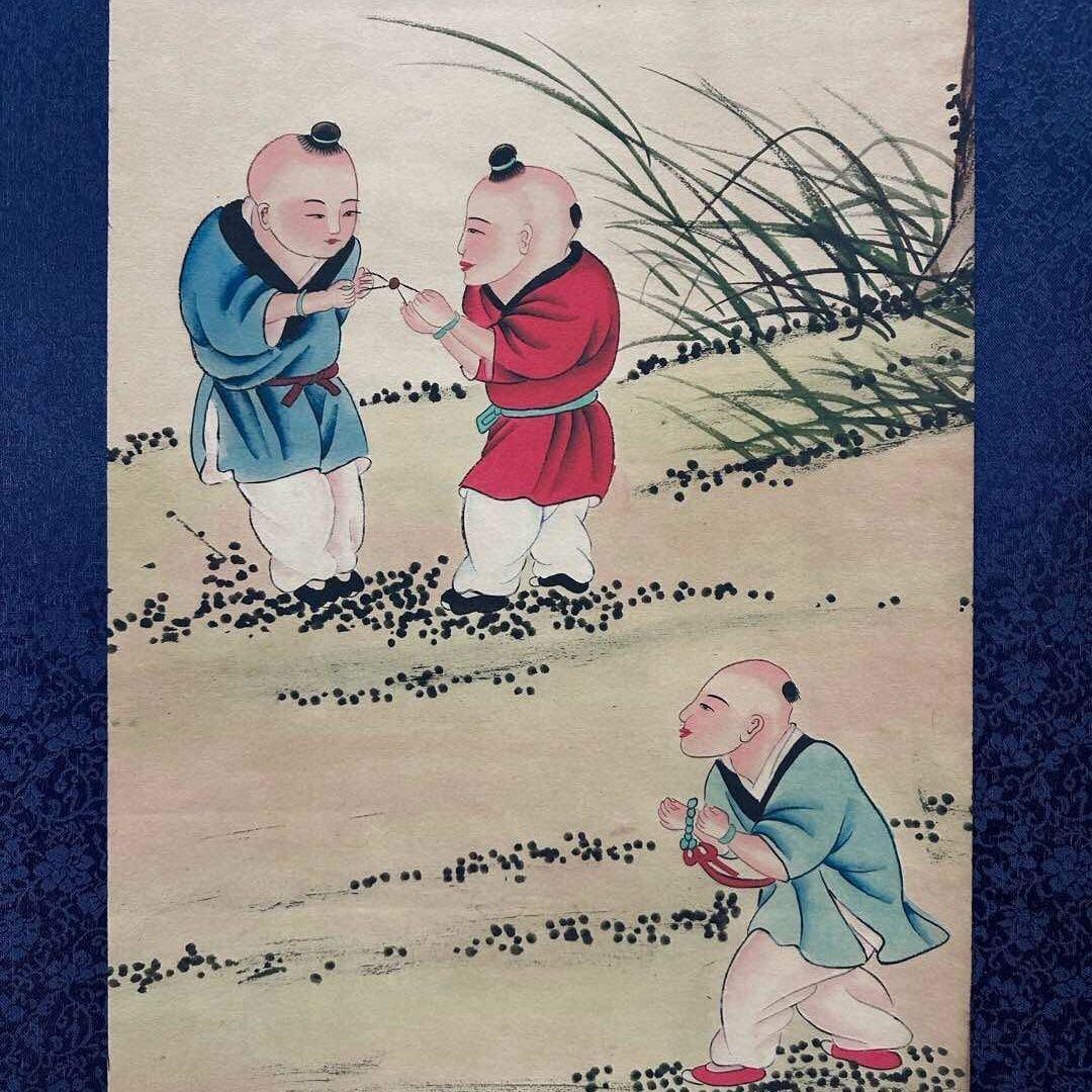 唐寅 童子図 四条屏 掛け軸 中国美術 絵画 書画 人物画 童戯図 インテリア