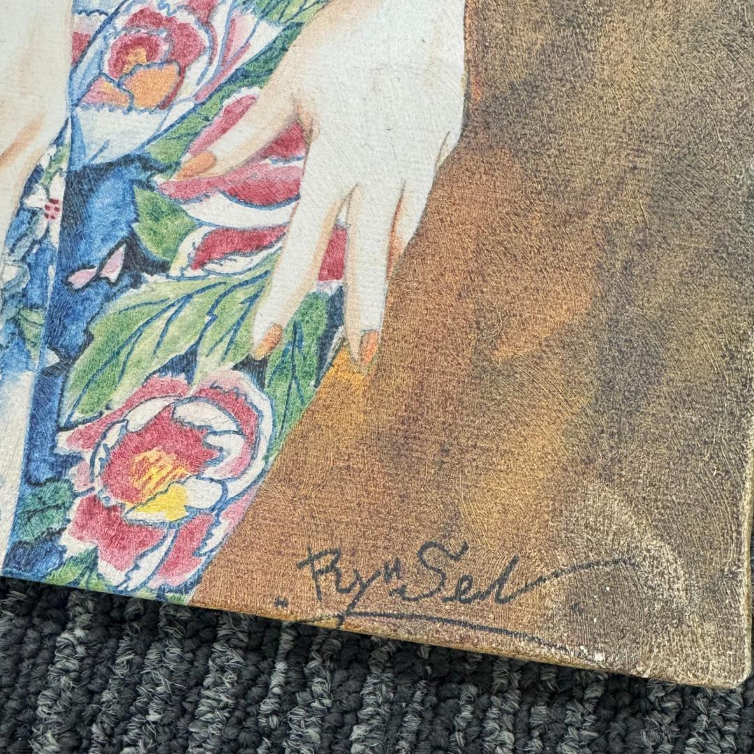 鳳凰美人刺青画　美人版画　龍泉 リュウセン 在銘 艶絵 額油絵二枚