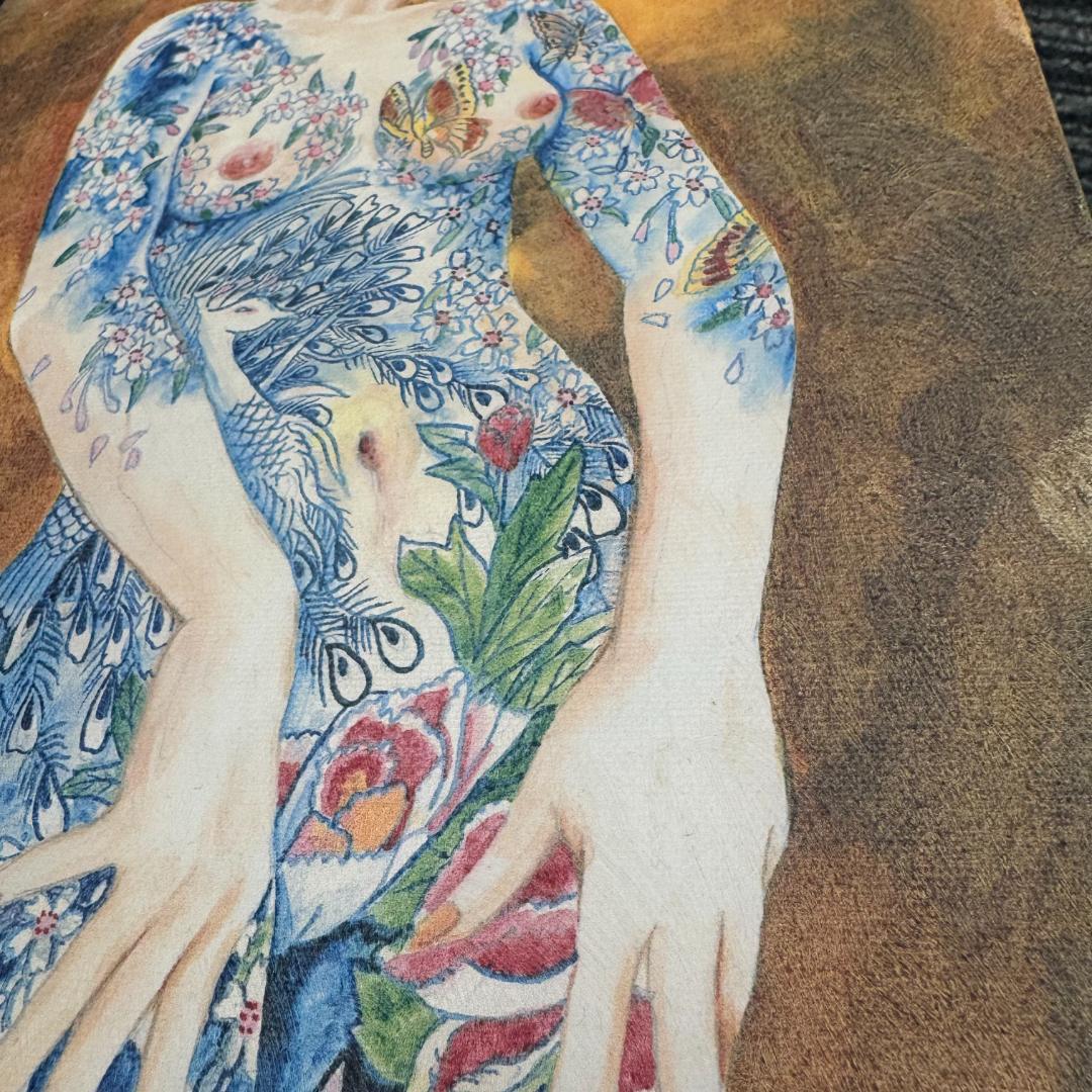 鳳凰美人刺青画　美人版画　龍泉 リュウセン 在銘 艶絵 額油絵二枚