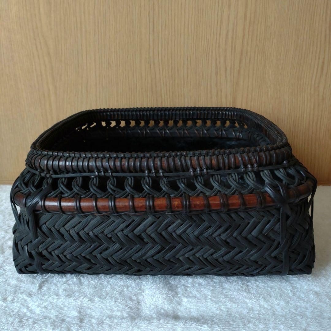 炭斗　唐物写籐組四方　竹朋斎　炉用　共箱　無傷