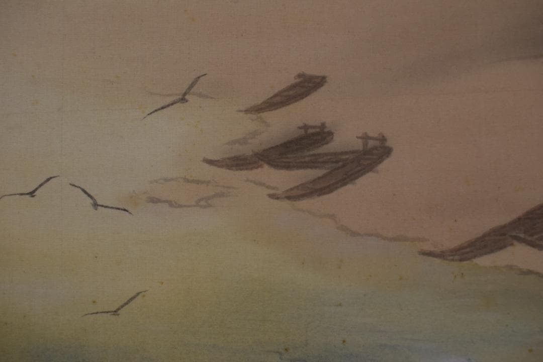 【真作】大村廣陽/漁村風景図/青緑山水/掛軸☆宝船☆Y-506　JM