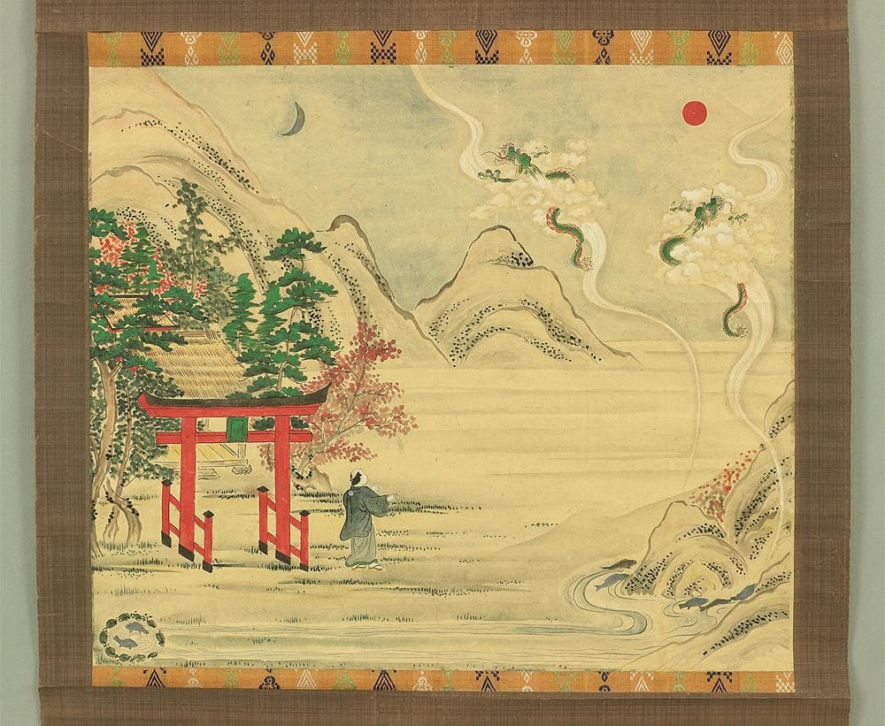 無落款 夢相図 掛軸 肉筆 紙本 龍 鯉 月 旭 鳥居 神社 風景