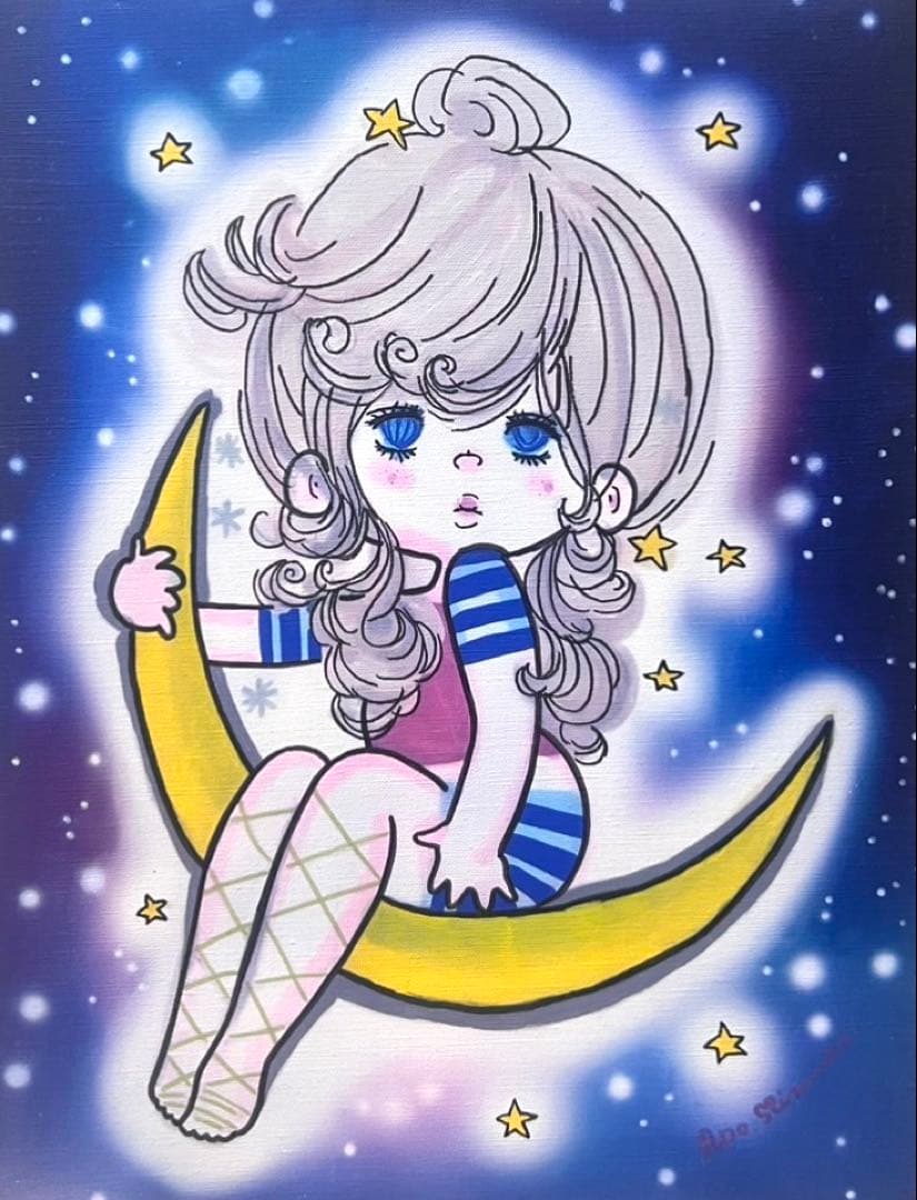 【F6号】水森亜土（お月様）手描き/表裏サイン有/油彩/アクリル/絵画/額縁