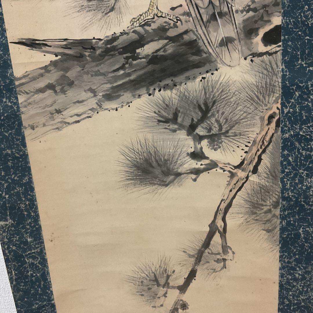 松上鷹図 紙本淡彩水墨画 落款印譜在（生峰）紙表装 軸先 紫檀