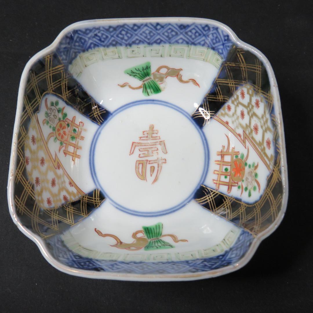 小鉢 4客 向付 角鉢 色絵 古伊万里 壽 瓢箪 花 柵 窯傷